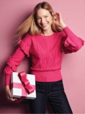 White House Black Market Pointelle Knit Ruffle Pullover Sweater Pink Small